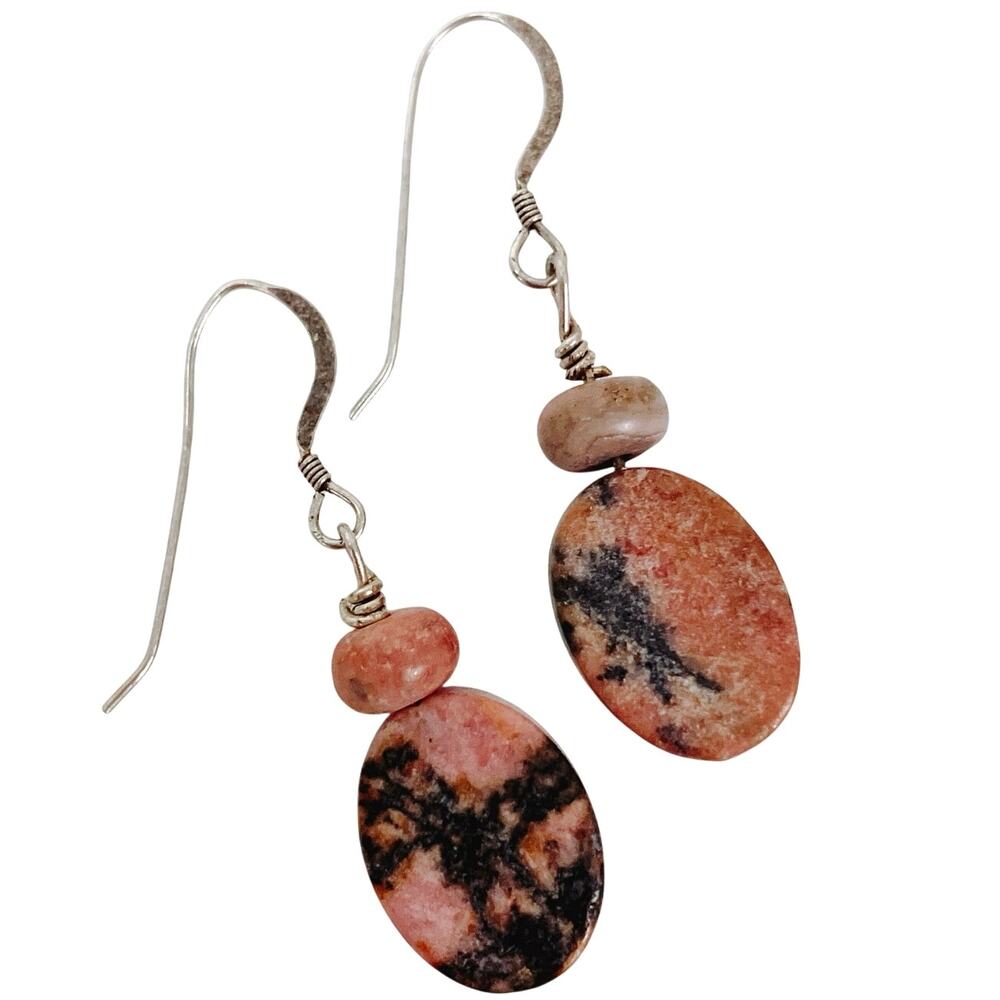 VTG Gemstone Silver Likely Sterling Rhodonite Earrings Boho Dangle Pink Black